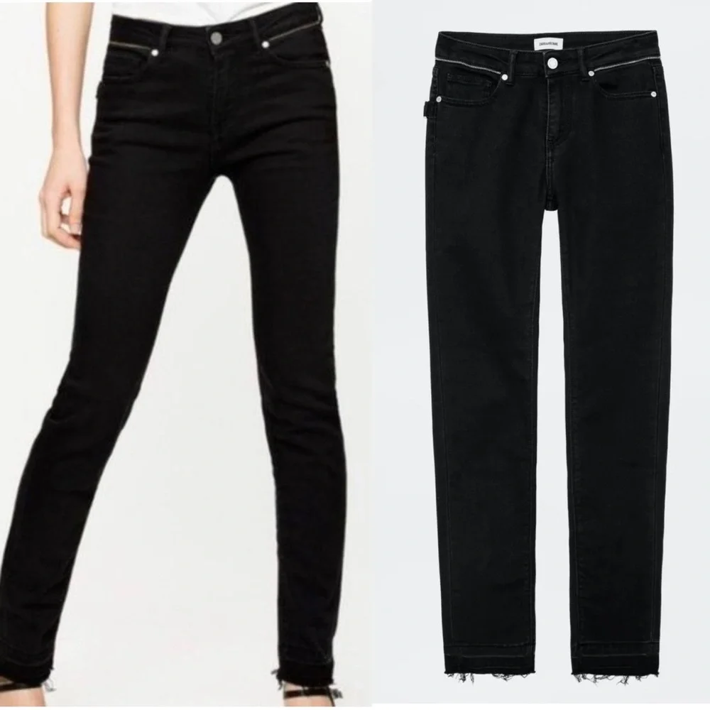 Zadig & Voltaire Paris Eva Zip Jeans Raw Released Hem Slim Skinny Black 27 - Picture 4 of 16